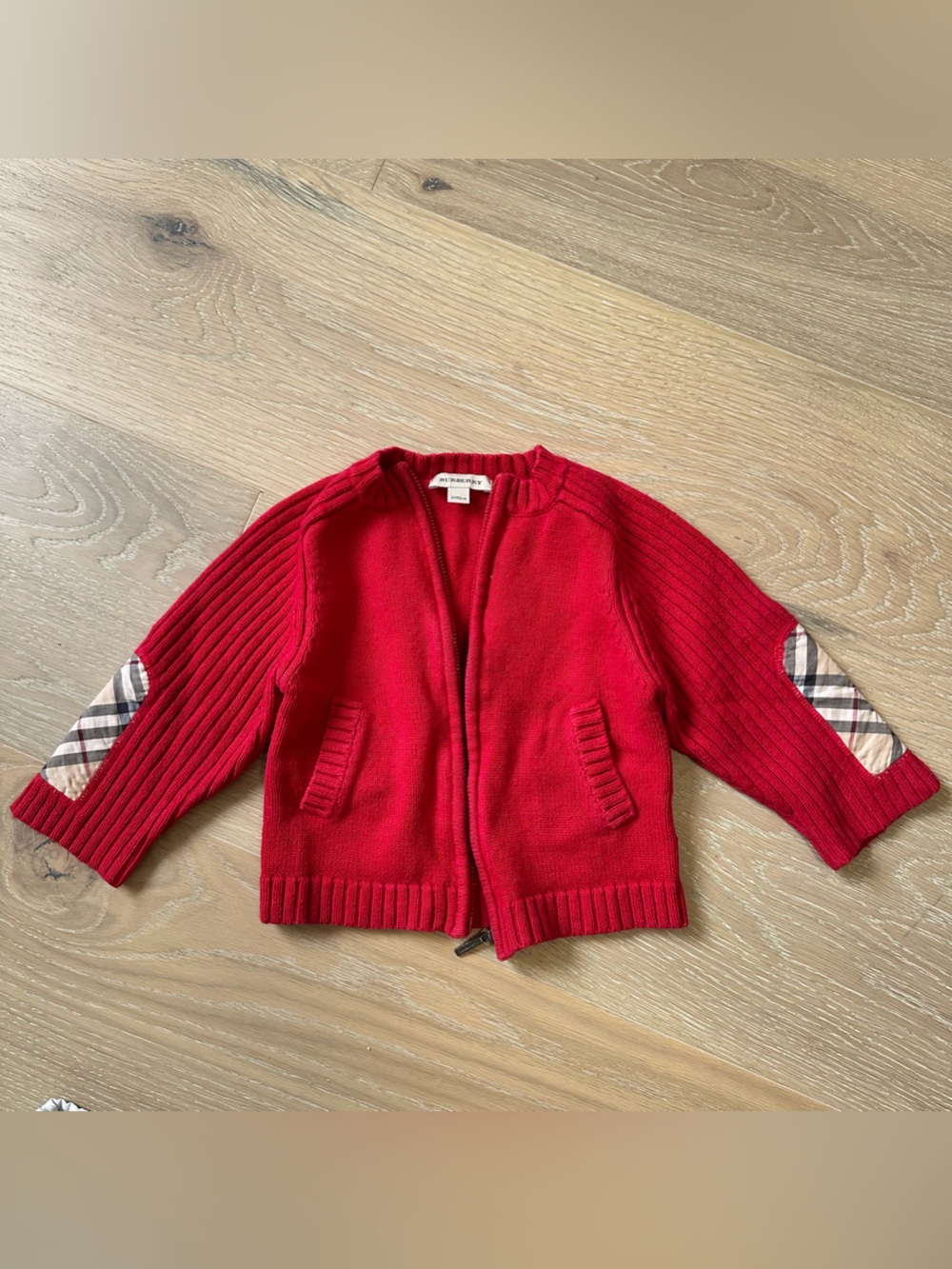Burberry Baby Red Zip Knit Cardigan Nova Check Elbow Patches 2Y Authentic